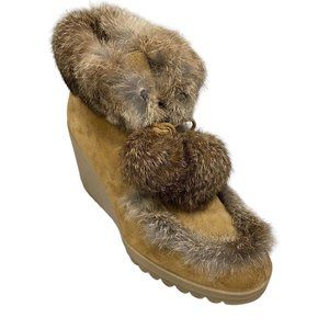 Coach Kataya Ankle Wedge Boots Tan Leather Suede Rabbit Trim Lace Up 8B Italy